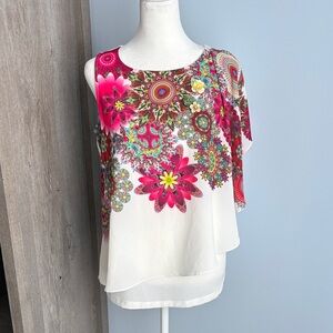 Desigual Asymmetrical Pink and White Floral Blouse